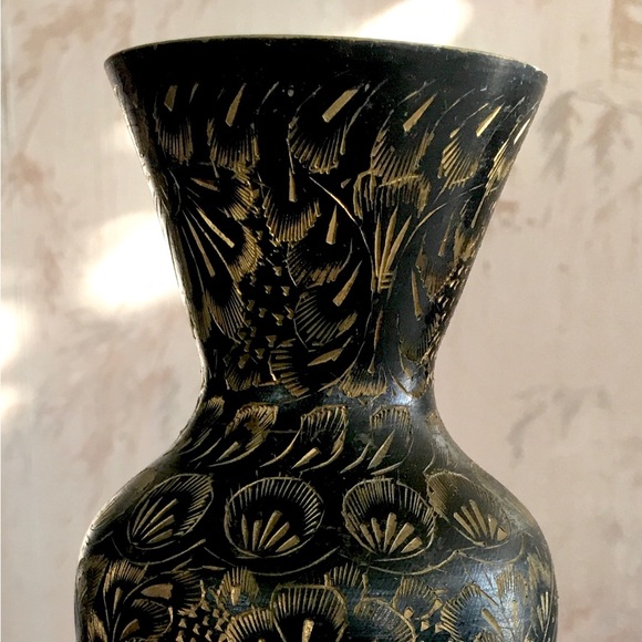 Vintage Etched Brass Vase Handmade India - Picture 4 of 12
